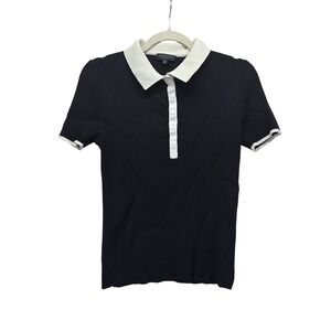 Rag & Bone Black Ribbed Knit Polo Top Large Stretchy White Contrast Preppy